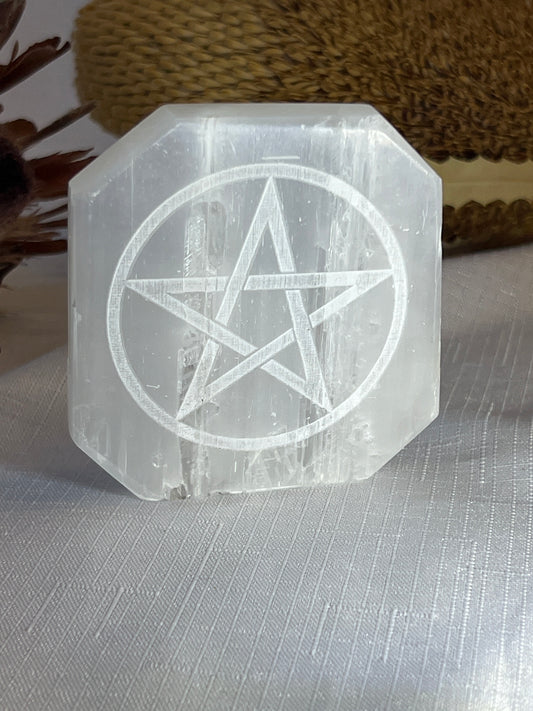 Selenite Polygon Pentagram Plate