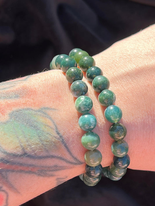 Moss Agate 8mm Beaded Bracelet