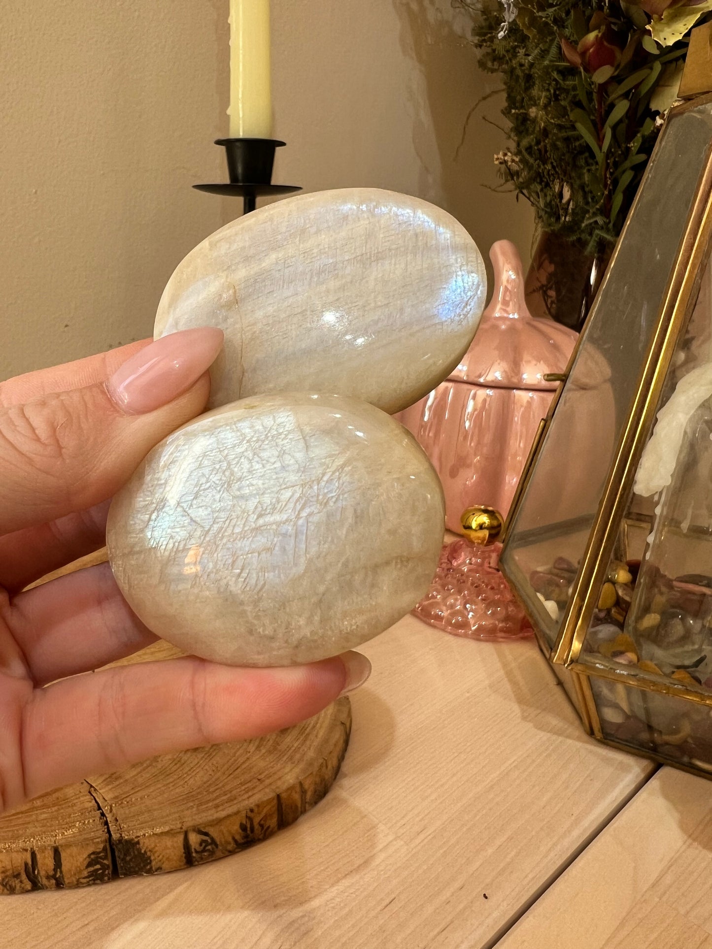 White Moonstone Palm Stone Blue Flash