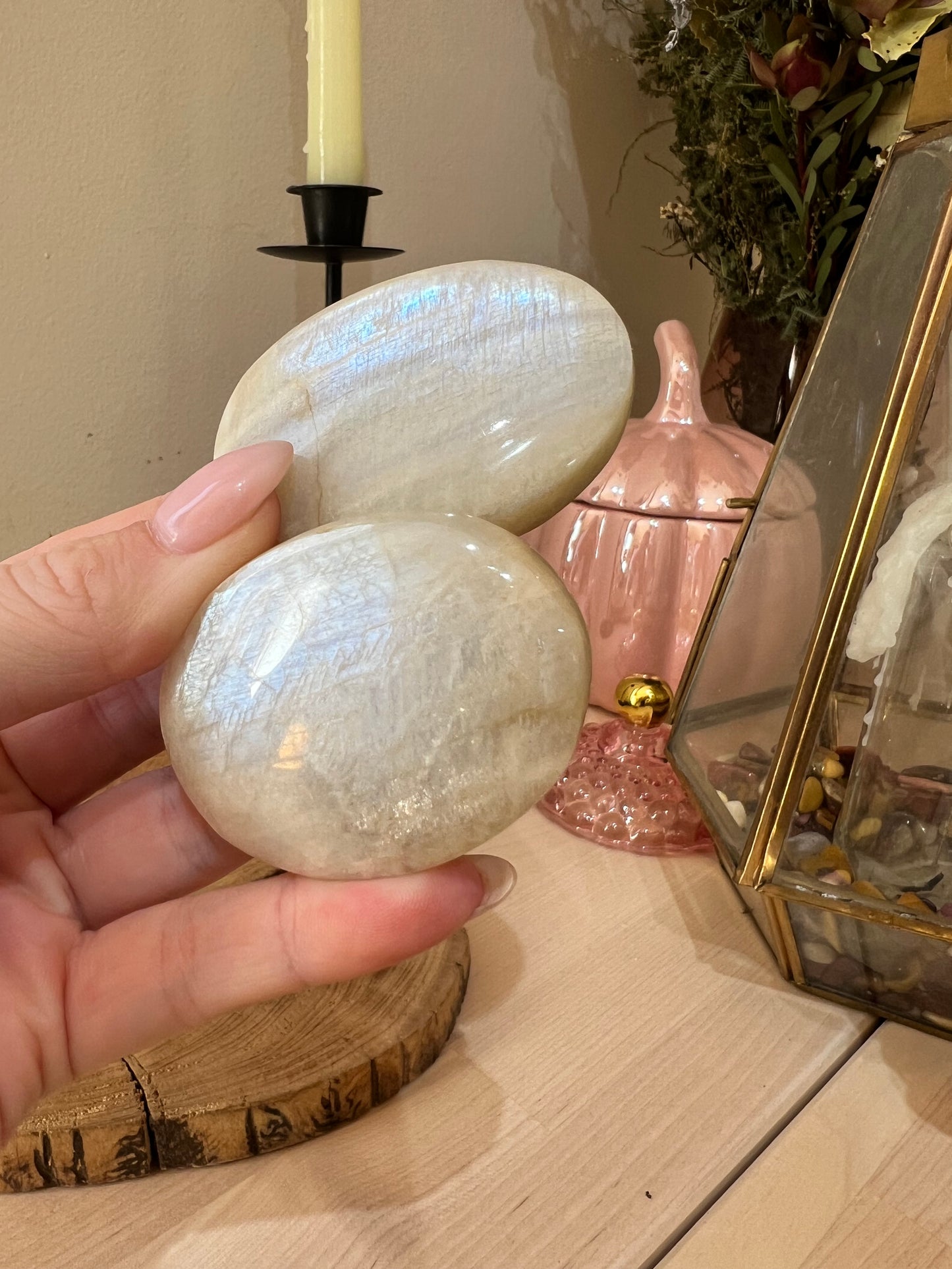 White Moonstone Palm Stone Blue Flash